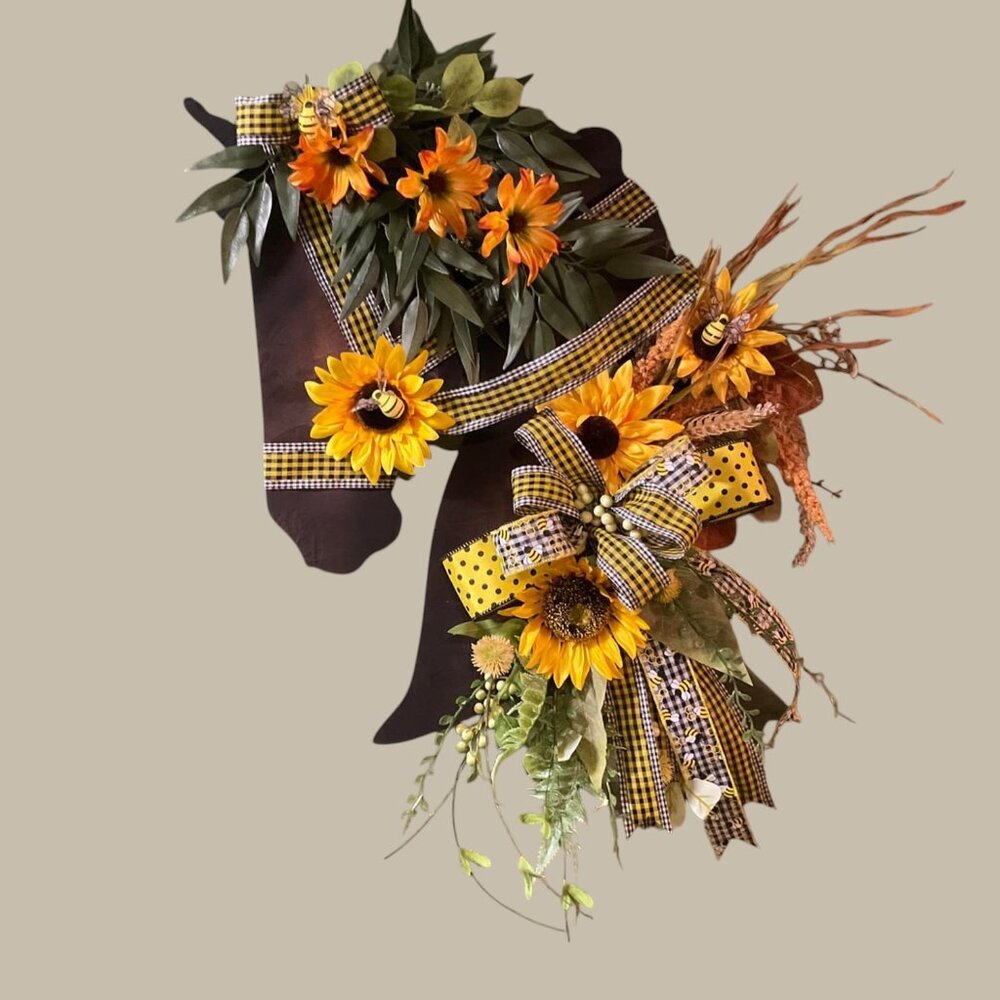 Left facing wooden horse head w/sunflowers/bees and greenery wreath